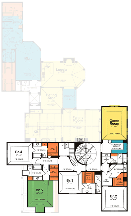 Southern House Plan 68361 with 5 Beds, 6 Baths, 3 Car Garage Second Level Plan