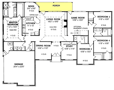 European House Plan 68439 with 4 Beds, 3 Baths, 2 Car Garage First Level Plan