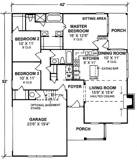 Cottage, Traditional House Plan 68470 with 3 Beds, 2 Baths, 2 Car Garage First Level Plan