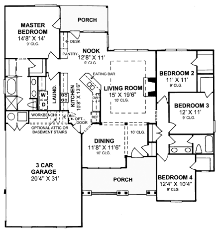 Traditional House Plan 68514 with 4 Beds, 2 Baths, 2 Car Garage First Level Plan