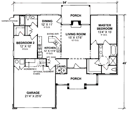 Traditional House Plan 68515 with 2 Beds, 2 Baths, 2 Car Garage First Level Plan
