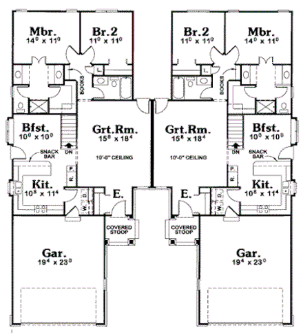 Traditional Multi-Family Plan 68713 with 4 Beds, 4 Baths, 4 Car Garage First Level Plan