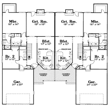Ranch, Traditional Multi-Family Plan 68725 with 4 Beds, 4 Baths, 4 Car Garage First Level Plan