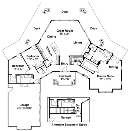 Contemporary House Plan 69143 with 3 Beds, 2 Baths, 2 Car Garage First Level Plan