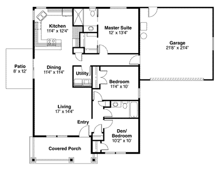 One-Story, Traditional House Plan 69157 with 3 Beds, 2 Baths, 2 Car Garage First Level Plan