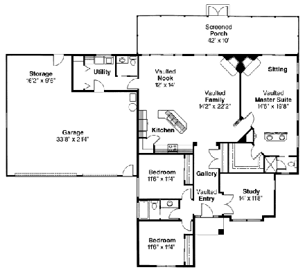 Mediterranean, One-Story House Plan 69241 with 3 Beds, 2.5 Baths, 3 Car Garage First Level Plan