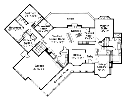 One-Story, Ranch House Plan 69260 with 4 Beds, 3 Baths, 2 Car Garage First Level Plan