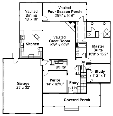Craftsman, European House Plan 69271 with 6 Beds, 3 Baths, 3 Car Garage First Level Plan