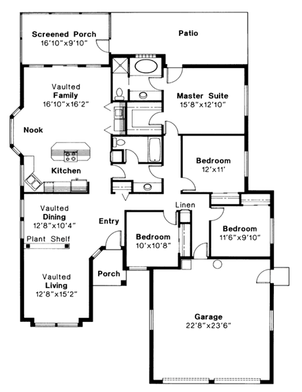 Florida, Ranch House Plan 69340 with 4 Beds, 2 Baths, 2 Car Garage First Level Plan