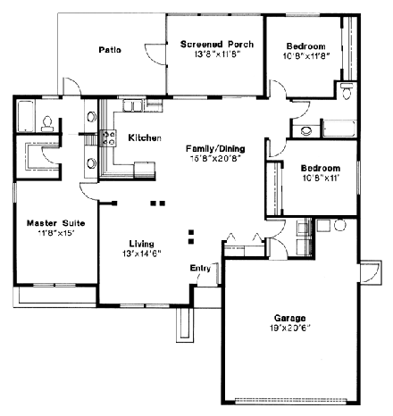 Florida, Ranch House Plan 69342 with 3 Beds, 2 Baths, 2 Car Garage First Level Plan