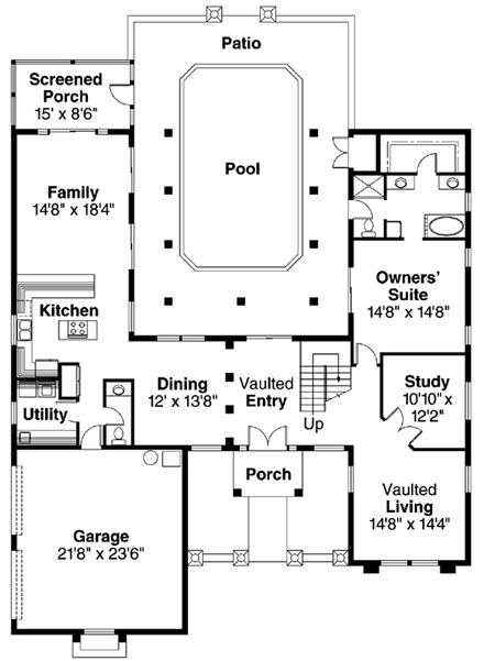 Contemporary, Florida, Mediterranean, Southwest House Plan 69345 with 3 Beds, 3.5 Baths, 2 Car Garage First Level Plan