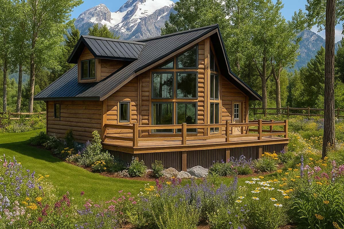 Contemporary, Log Plan with 1401 Sq. Ft., 3 Bedrooms, 2 Bathrooms, 2 Car Garage Elevation