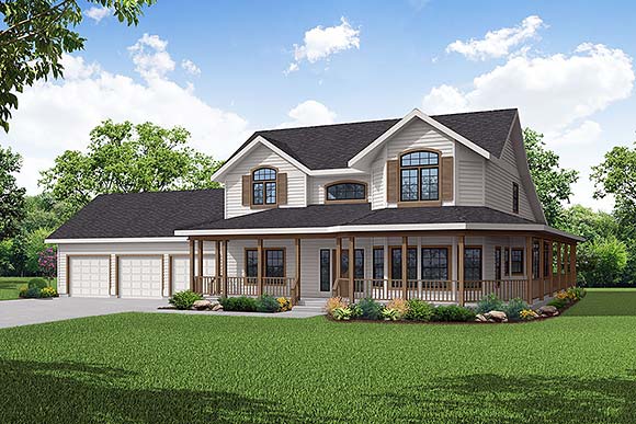 Country, Farmhouse House Plan 69366 with 4 Beds, 3.5 Baths, 3 Car Garage Elevation