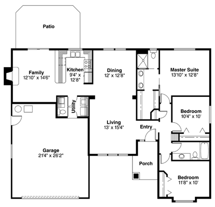 One-Story, Traditional House Plan 69393 with 3 Beds, 2.5 Baths, 2 Car Garage First Level Plan