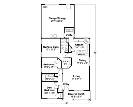 Craftsman, Narrow Lot, One-Story House Plan 69411 with 3 Beds, 2 Baths, 1 Car Garage First Level Plan