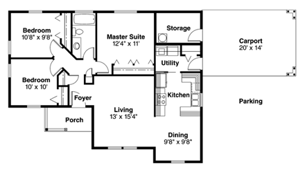 Ranch House Plan 69470 with 3 Beds, 1 Baths, 1 Car Garage First Level Plan