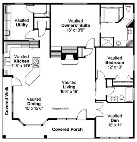 Contemporary, Cottage, Craftsman, Traditional House Plan 69474 with 2 Beds, 2 Baths First Level Plan
