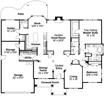 Traditional House Plan 69618 with 2 Beds, 3 Baths, 2 Car Garage First Level Plan