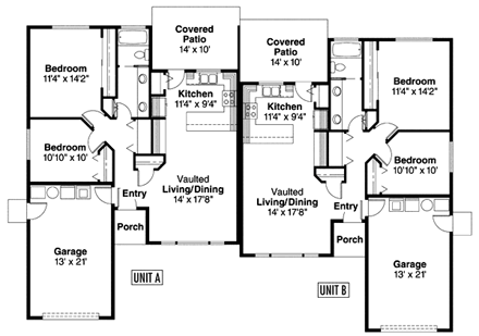 Contemporary, One-Story, Ranch Multi-Family Plan 69643 with 4 Beds, 2 Baths, 2 Car Garage First Level Plan