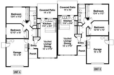 One-Story, Ranch Multi-Family Plan 69644 with 4 Beds, 2 Baths, 2 Car Garage First Level Plan