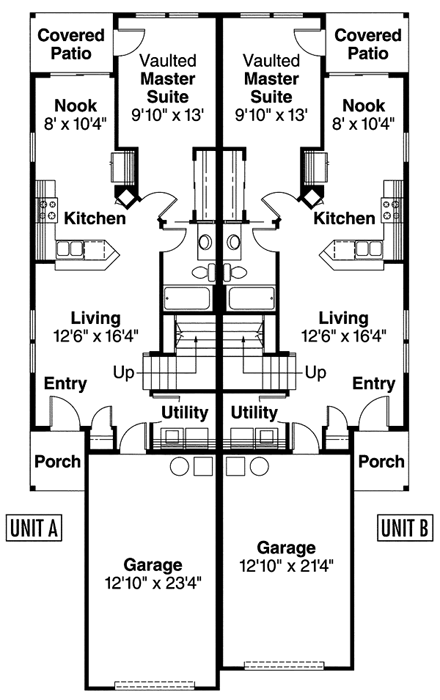 Craftsman, Narrow Lot Multi-Family Plan 69645 with 6 Beds, 4 Baths, 2 Car Garage First Level Plan