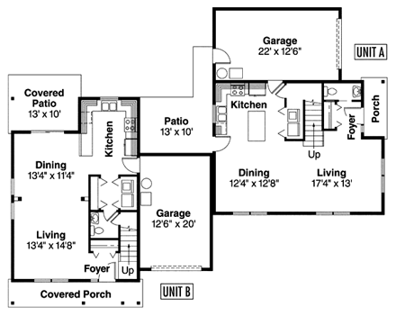 Contemporary Multi-Family Plan 69652 with 6 Beds, 5 Baths, 2 Car Garage First Level Plan