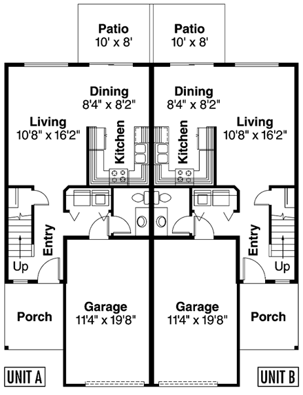Narrow Lot, Traditional Multi-Family Plan 69653 with 8 Beds, 6 Baths, 2 Car Garage First Level Plan