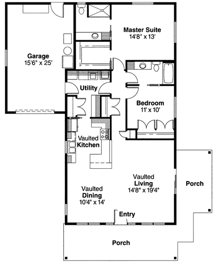 Bungalow, Craftsman House Plan 69667 with 2 Beds, 2.5 Baths, 1 Car Garage First Level Plan