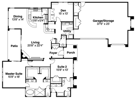 European House Plan 69677 with 2 Beds, 2.5 Baths, 3 Car Garage First Level Plan