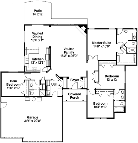 One-Story, Ranch House Plan 69705 with 4 Beds, 3 Baths, 3 Car Garage First Level Plan
