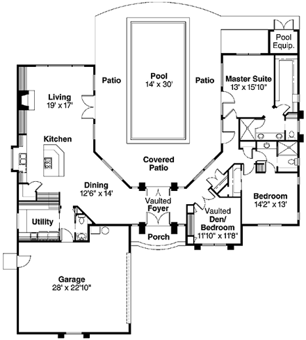 Mediterranean, One-Story House Plan 69722 with 3 Beds, 2.5 Baths, 2 Car Garage First Level Plan