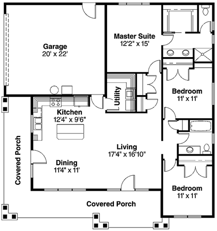 Bungalow House Plan 69741 with 3 Beds, 2 Baths, 2 Car Garage First Level Plan