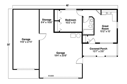 Cottage, Ranch, Traditional Garage-Living Plan 69761 with 1 Beds, 1 Baths, 3 Car Garage First Level Plan