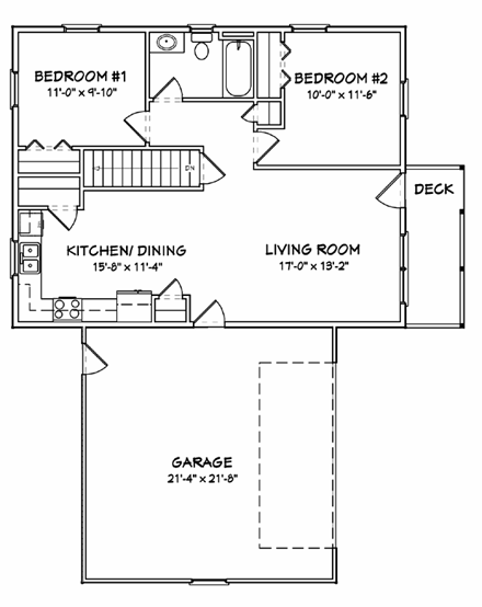 Traditional House Plan 70110 with 2 Beds, 1 Baths, 2 Car Garage First Level Plan