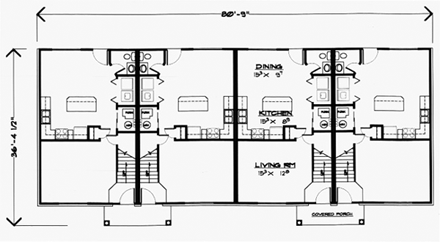 Colonial Multi-Family Plan 70453 with 12 Beds, 8 Baths First Level Plan