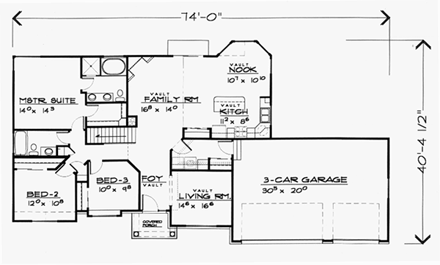Colonial House Plan 70543 with 3 Beds, 2 Baths, 3 Car Garage First Level Plan