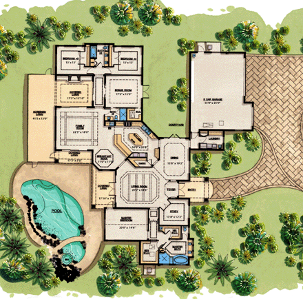 Coastal, Contemporary, Florida, Mediterranean House Plan 71500 with 3 Beds, 3 Baths, 3 Car Garage First Level Plan