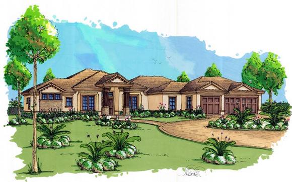 Coastal, Contemporary, Florida, Mediterranean House Plan 71500 with 3 Beds, 3 Baths, 3 Car Garage Elevation