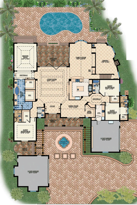 Coastal, Contemporary, Florida, Mediterranean House Plan 71501 with 4 Beds, 4 Baths, 4 Car Garage First Level Plan