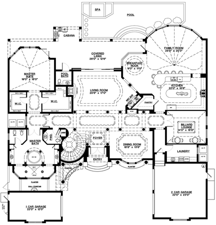 Coastal, Contemporary, Florida, Mediterranean House Plan 71502 with 5 Beds, 6 Baths, 3 Car Garage First Level Plan