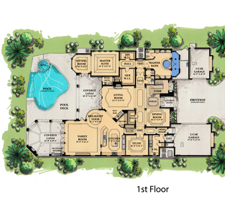 Coastal, Contemporary, Florida, Mediterranean House Plan 71503 with 6 Beds, 8 Baths, 3 Car Garage First Level Plan