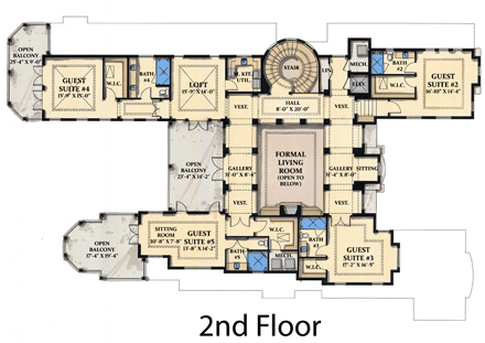 Coastal, Contemporary, Florida, Mediterranean House Plan 71504 with 5 Beds, 6 Baths, 3 Car Garage Second Level Plan