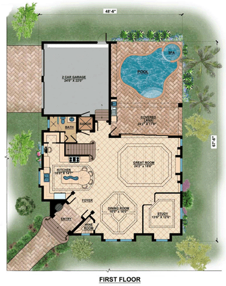 Coastal, Contemporary, Florida, Mediterranean House Plan 71505 with 3 Beds, 4 Baths, 2 Car Garage First Level Plan