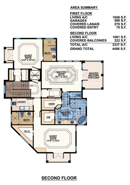 Coastal, Contemporary, Florida, Mediterranean House Plan 71505 with 3 Beds, 4 Baths, 2 Car Garage Second Level Plan