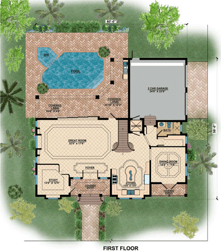 Coastal, Contemporary, Florida, Mediterranean House Plan 71506 with 3 Beds, 4 Baths, 2 Car Garage First Level Plan