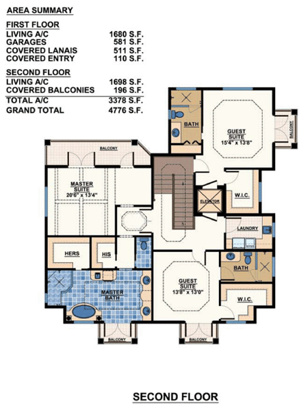 Coastal, Contemporary, Florida, Mediterranean House Plan 71506 with 3 Beds, 4 Baths, 2 Car Garage Second Level Plan