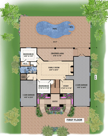 Coastal, Contemporary, Florida, Mediterranean House Plan 71507 with 4 Beds, 3 Baths, 3 Car Garage First Level Plan
