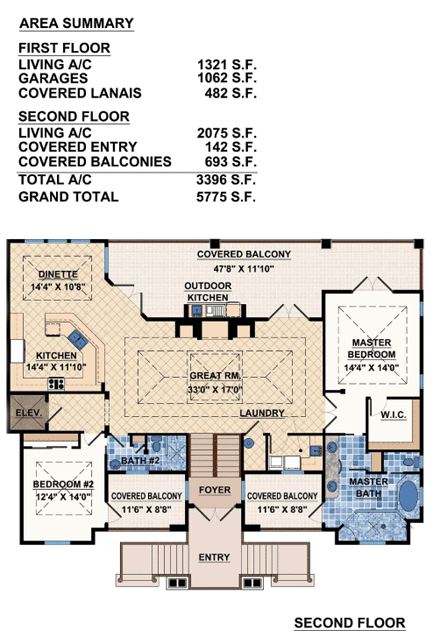 Coastal, Contemporary, Florida, Mediterranean House Plan 71507 with 4 Beds, 3 Baths, 3 Car Garage Second Level Plan