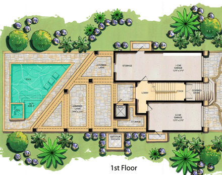 Coastal, Contemporary, Florida, Mediterranean House Plan 71508 with 3 Beds, 4 Baths, 4 Car Garage First Level Plan