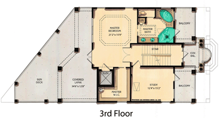 Coastal, Contemporary, Florida, Mediterranean House Plan 71508 with 3 Beds, 4 Baths, 4 Car Garage Third Level Plan